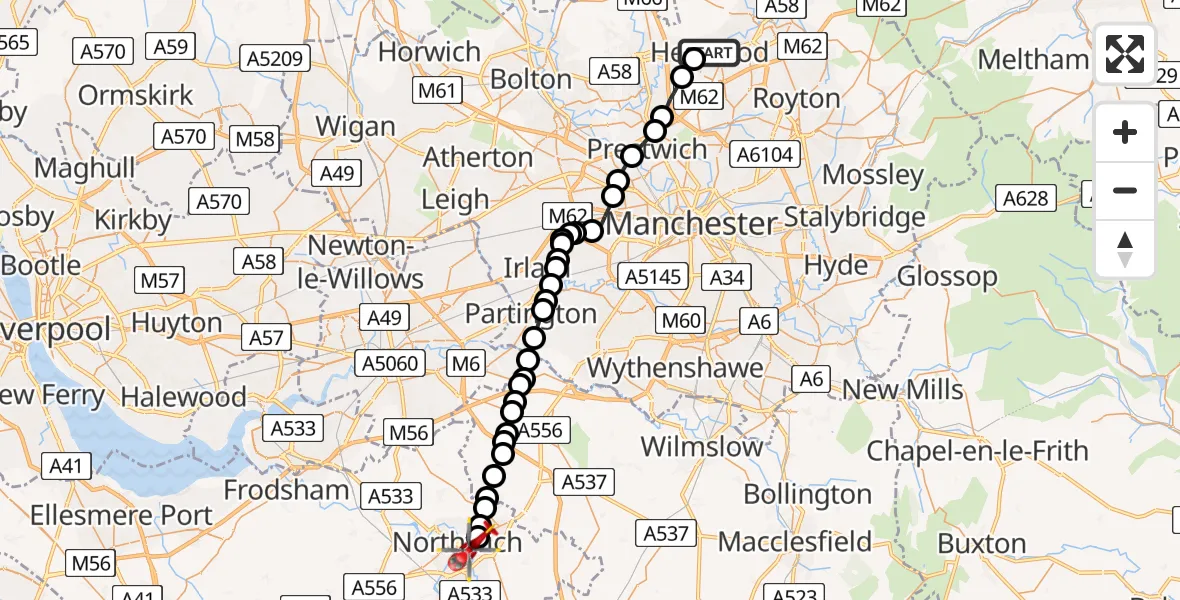 Flight path map showing Air Ambulance Helicopter route from Heywood to Northwich