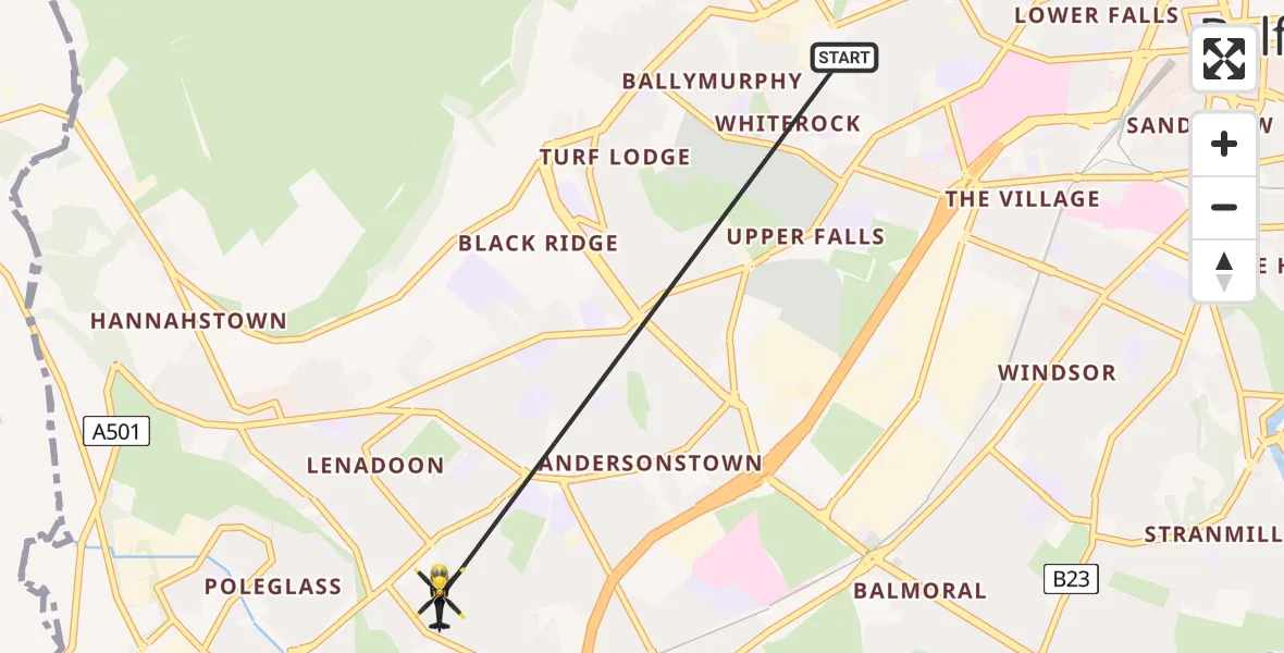 Flight path map showing Police Helicopter route from Belfast to Belfast