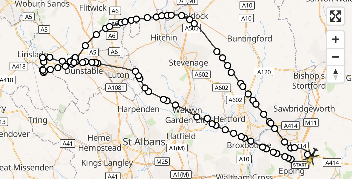 Flight path map showing Police Helicopter route from North Weald Bassett to North Weald Bassett