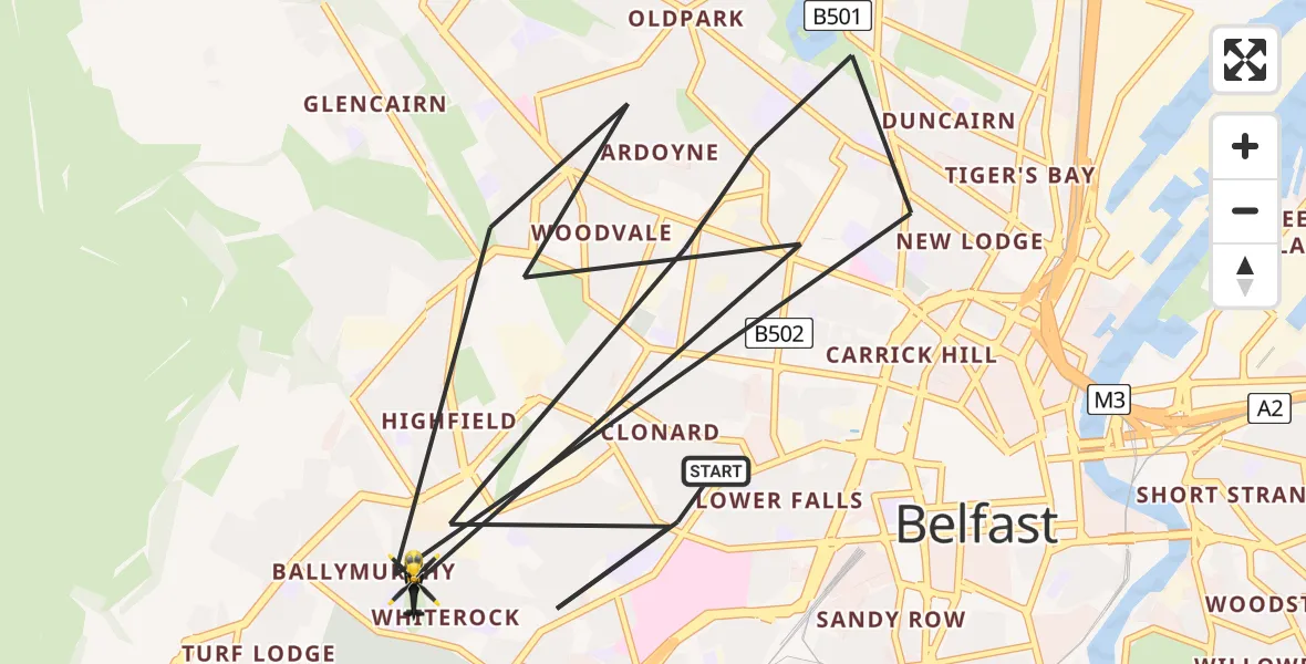 Flight path map showing Police Helicopter route from Belfast to Belfast