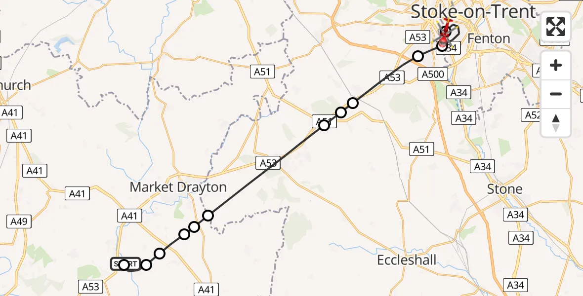 Routekaart van de vlucht: Air Ambulance Helicopter to University Hospital North Staffs