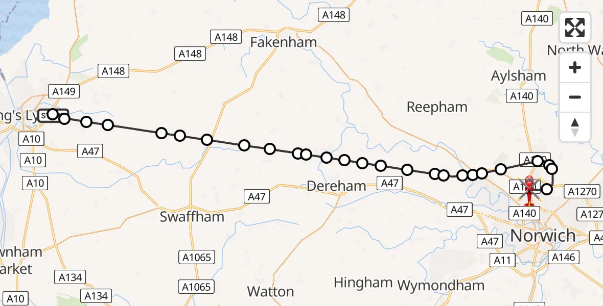 Flight path map showing Air Ambulance Helicopter route from Queen Elizabeth Hospital to Norwich Airport