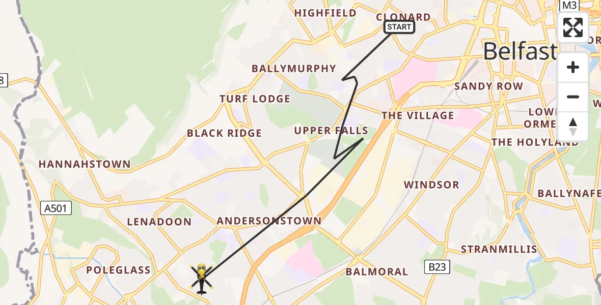 Flight path map showing Police Helicopter route from Belfast to Belfast