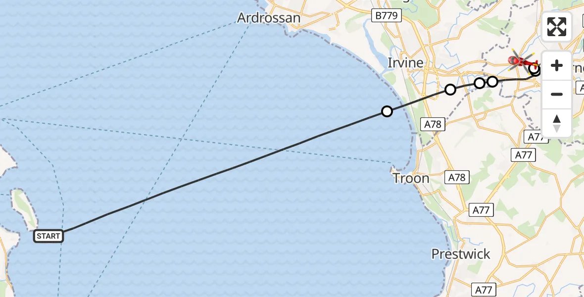 Flight path map showing Air Ambulance Helicopter route from Inner Seas to Knockentiber