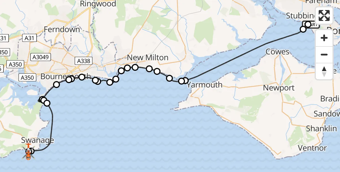 Flight path map showing Coastguard Helicopter route from Solent Airport to Durlston