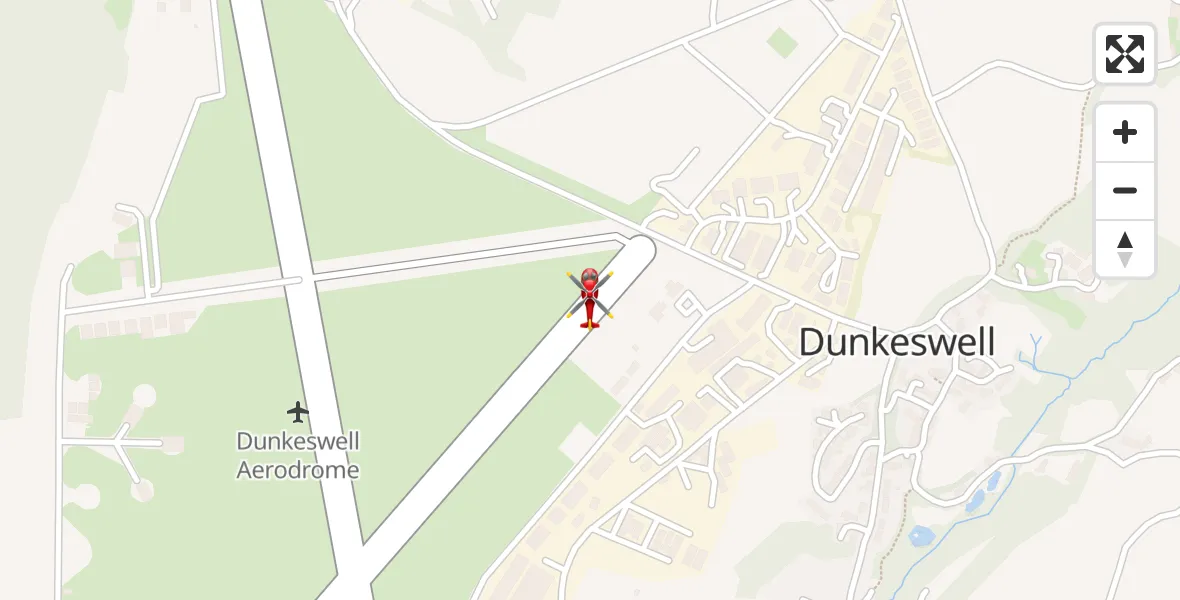 Flight path map showing Air Ambulance Helicopter route from Dunkeswell Airfield to Dunkeswell Airfield