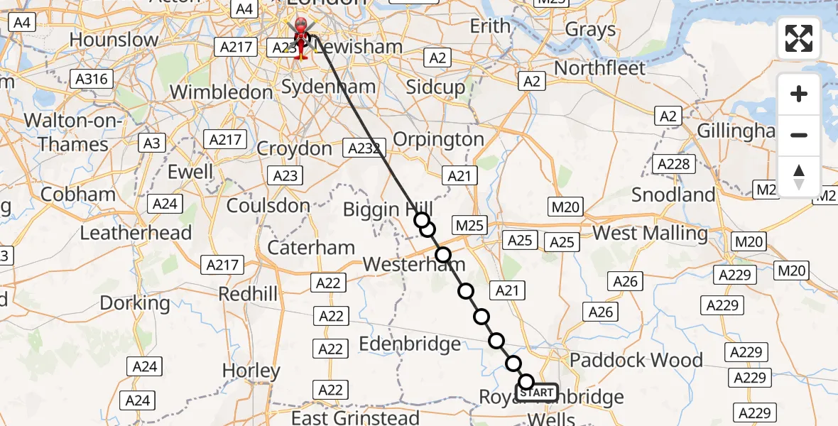 Routekaart van de vlucht: Air Ambulance Helicopter to Kings College London Hospital