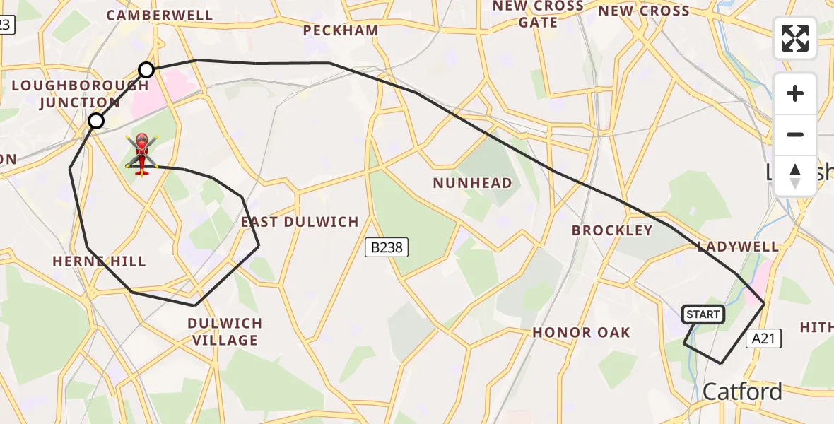 Flight path map showing Air Ambulance Helicopter route from Greater London to Greater London