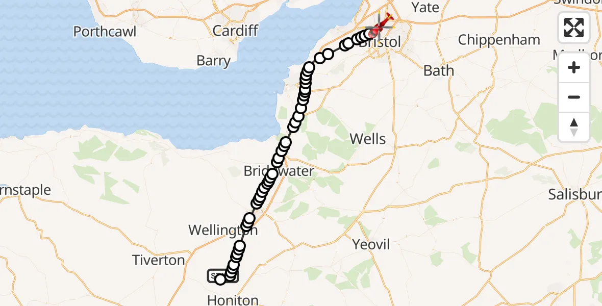 Flight path map showing Air Ambulance Helicopter route from Dunkeswell Airfield to Bristol