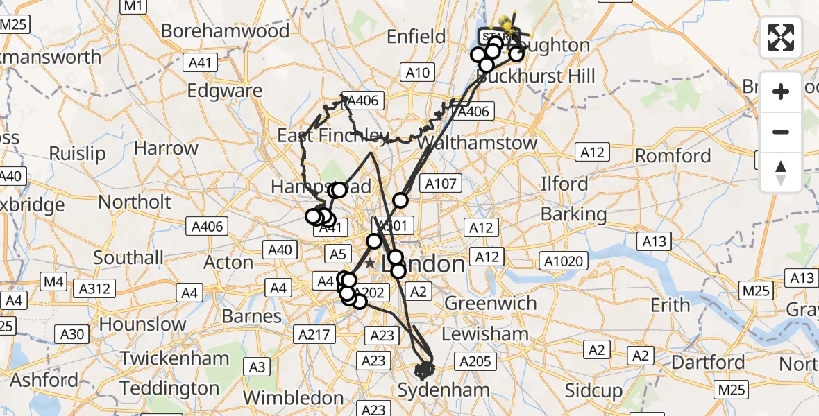 Flight path map showing Police Helicopter route from Greater London to Metropolitan Police Air Support Unit Lippitts Hill