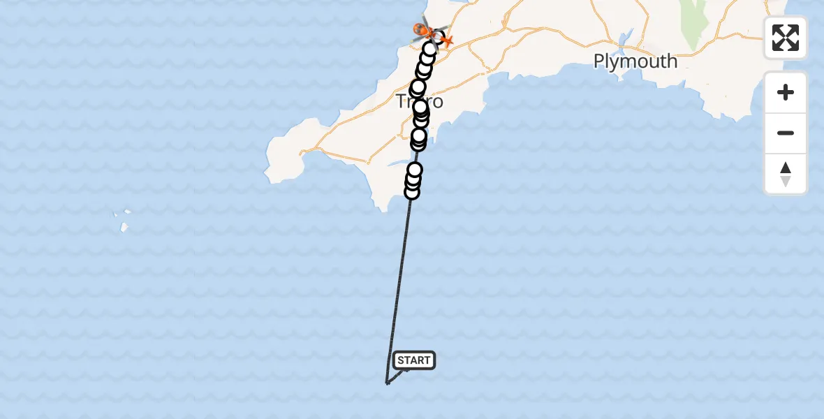 Flight path map showing Coastguard Helicopter route from English Channel to Cornwall Airport Newquay