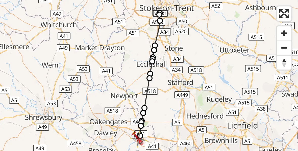 Flight path map showing Air Ambulance Helicopter route from University Hospital North Staffs to Cosford