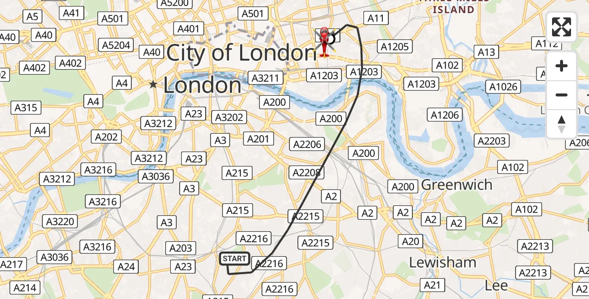 Flight path map showing Air Ambulance Helicopter route from Greater London to Royal London Hospital