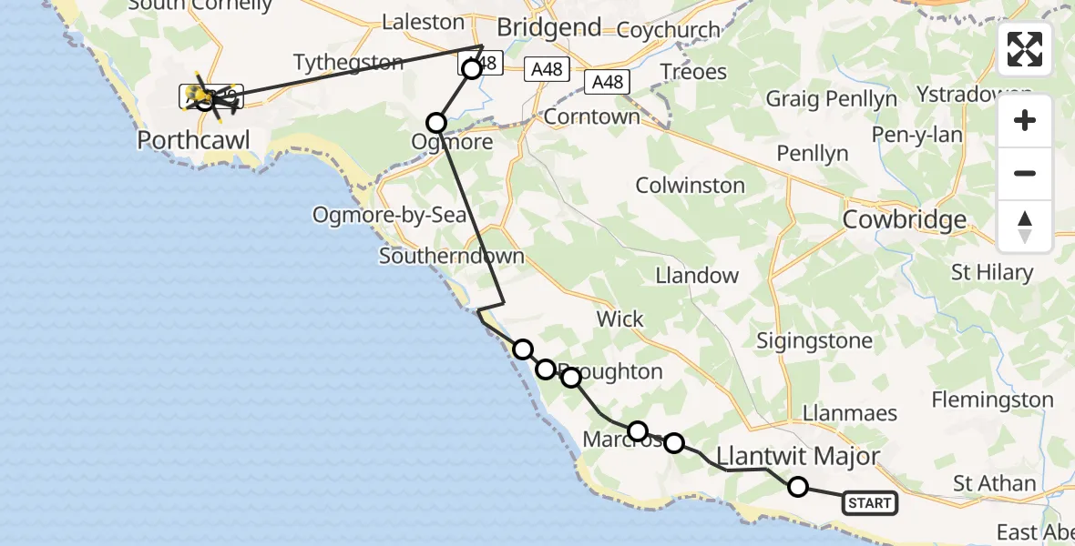 Flight path map showing Police Helicopter route from Boverton to Porthcawl