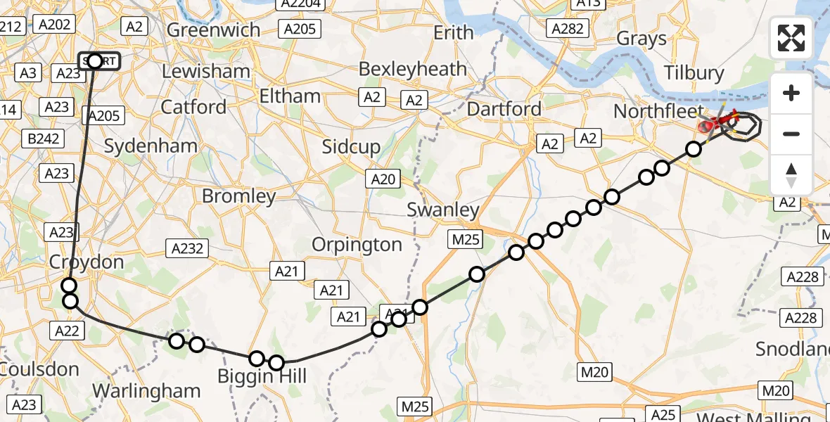Flight path map showing Air Ambulance Helicopter route from Kings College London Hospital to Gravesend