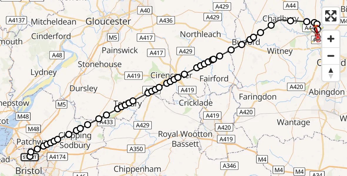 Flight path map showing Air Ambulance Helicopter route from Southmead Hospital to London Oxford Airport