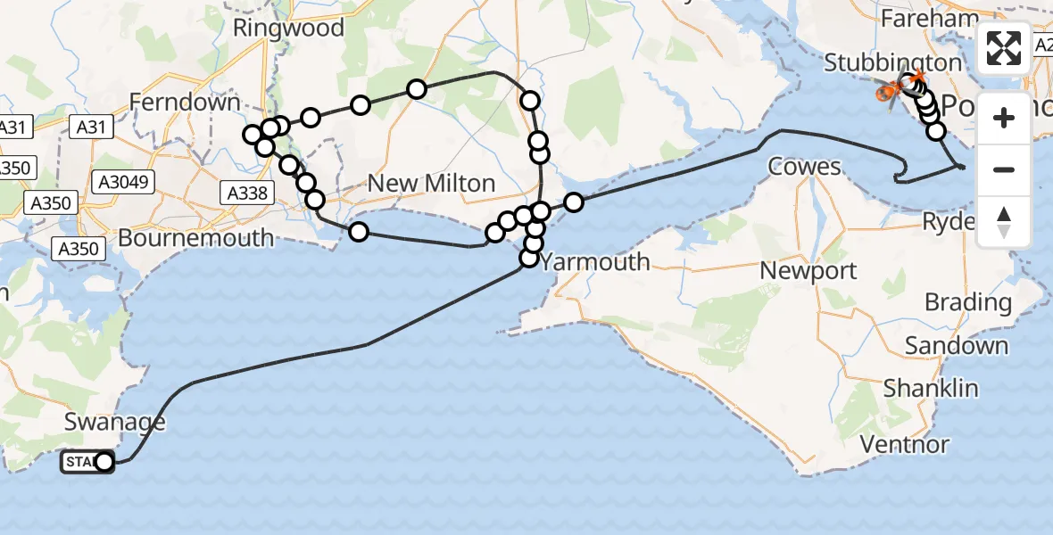 Flight path map showing Coastguard Helicopter route from Durlston to Solent Airport