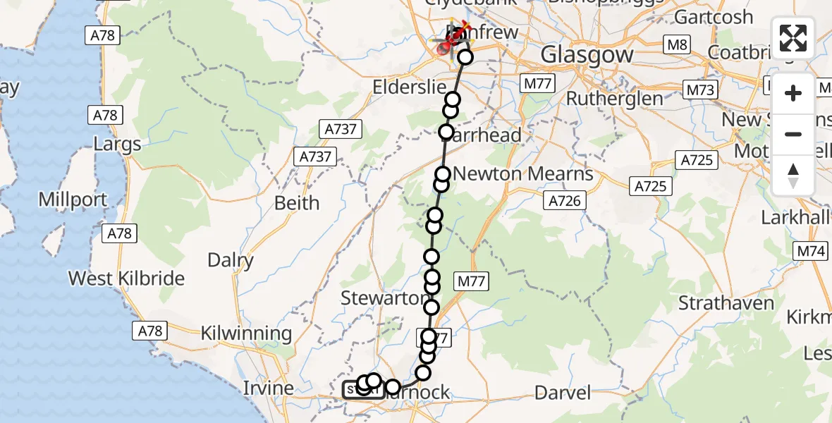 Flight path map showing Air Ambulance Helicopter route from Crosshouse University Hospital to Glasgow Airport