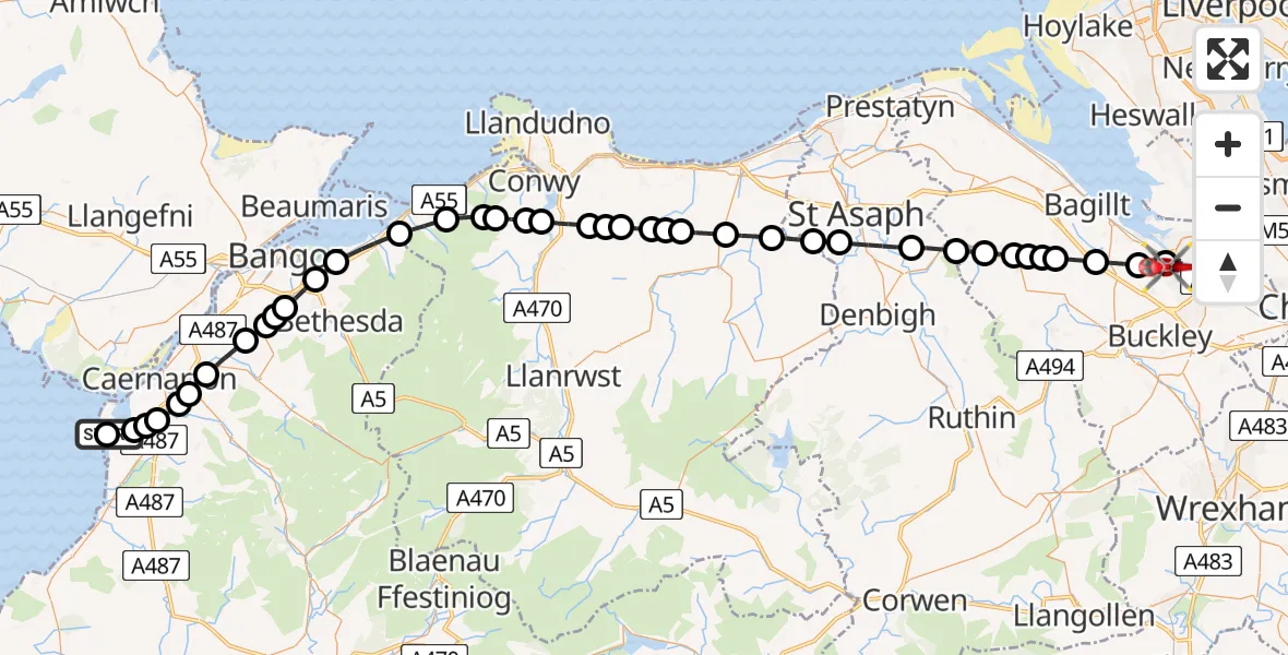 Flight path map showing Air Ambulance Helicopter route from Caernarfon Airport to Connah's Quay