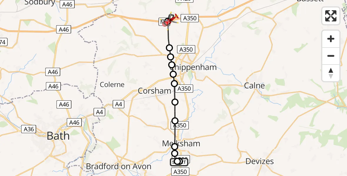Flight path map showing Air Ambulance Helicopter route from Wiltshire Air Ambulance to Stanton St Quintin