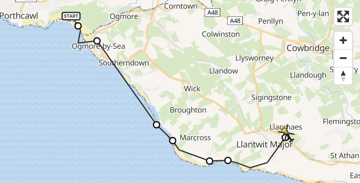 Flight path map showing Police Helicopter route from Tythegston to Boverton