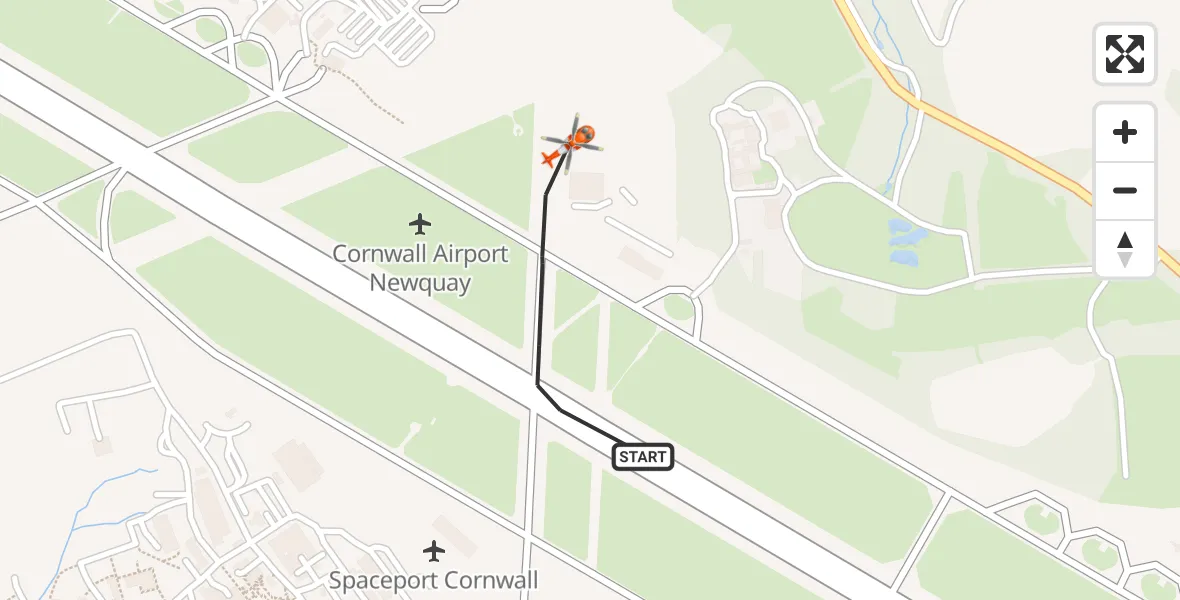Flight path map showing Coastguard Helicopter route from Cornwall Airport Newquay to Cornwall Airport Newquay