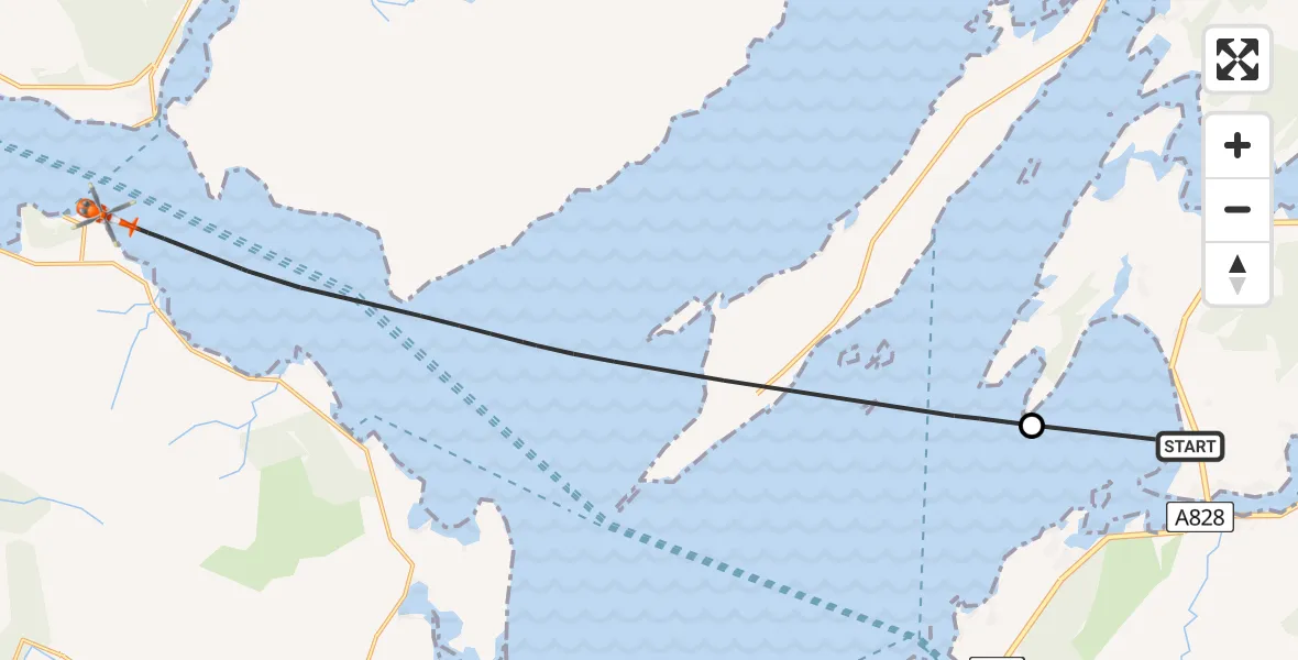 Flight path map showing Coastguard Helicopter route from Oban Airport to Inner Seas