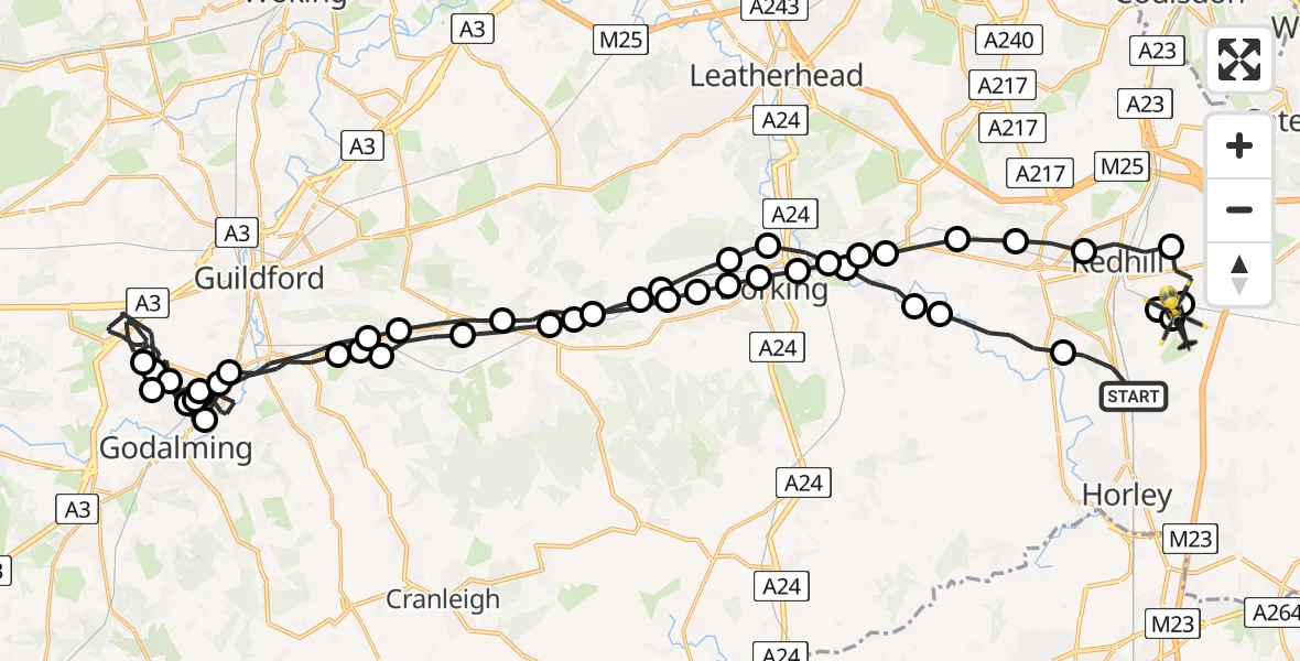 Flight path map showing Police Helicopter route from Salfords to South Nutfield