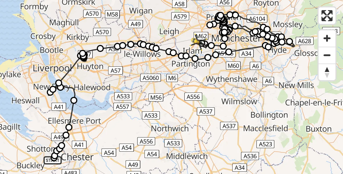 Flight path map showing Police Helicopter route from Broughton to Manchester Barton Aerodrome