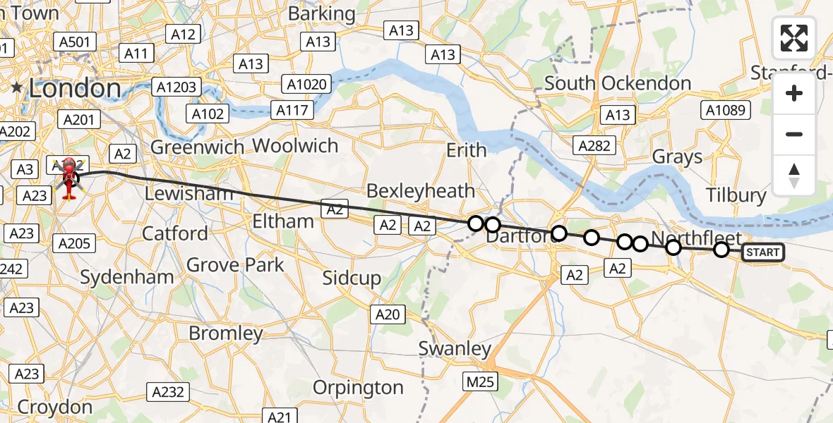 Flight path map showing Air Ambulance Helicopter route from Gravesend to Kings College London Hospital