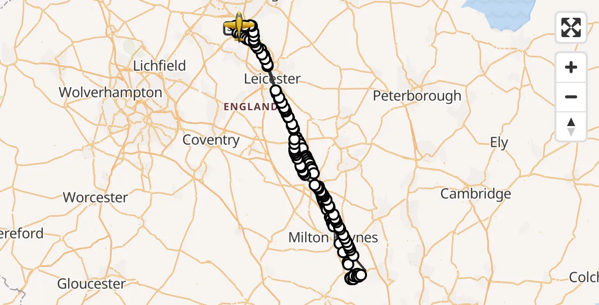 Flight path map showing Police Aircraft route from East Midlands Airport to East Midlands Airport