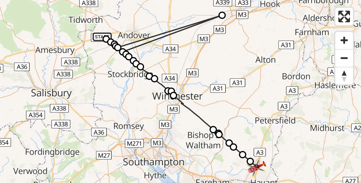 Flight path map showing Air Ambulance Helicopter route from Thruxton Aerodrome to Havant