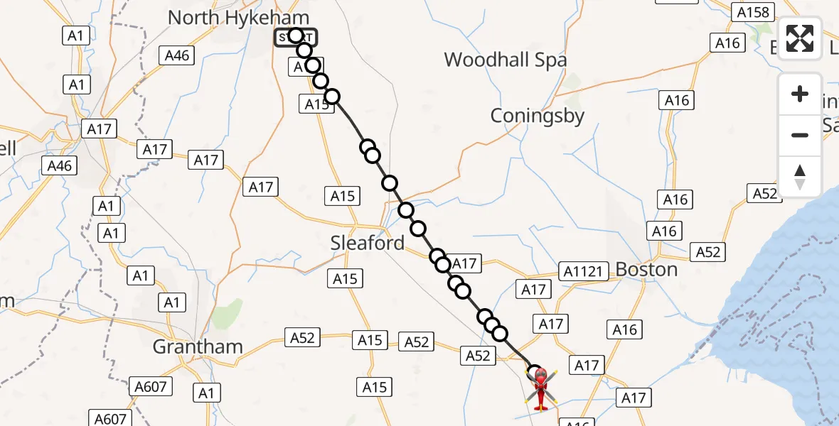 Flight path map showing Air Ambulance Helicopter route from RAF Waddington to Quadring