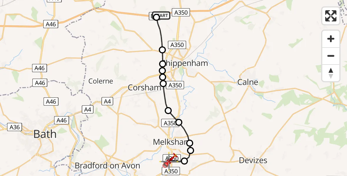 Flight path map showing Air Ambulance Helicopter route from Stanton St Quintin to Melksham