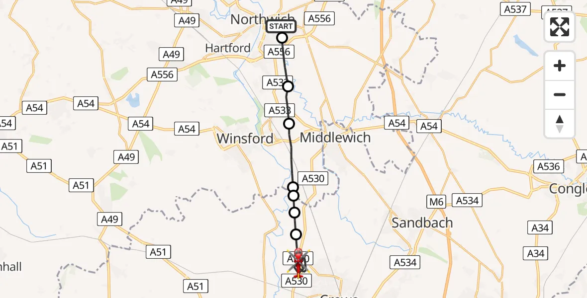 Flight path map showing Air Ambulance Helicopter route from Northwich to Bradfield Green