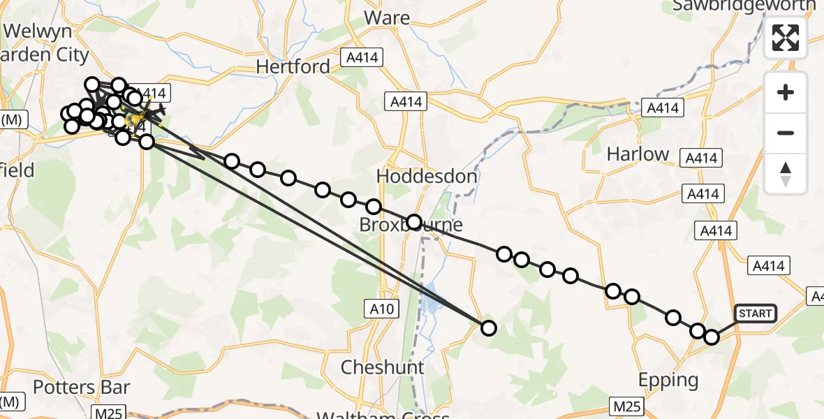 Flight path map showing Police Helicopter route from North Weald Airfield to Letty Green