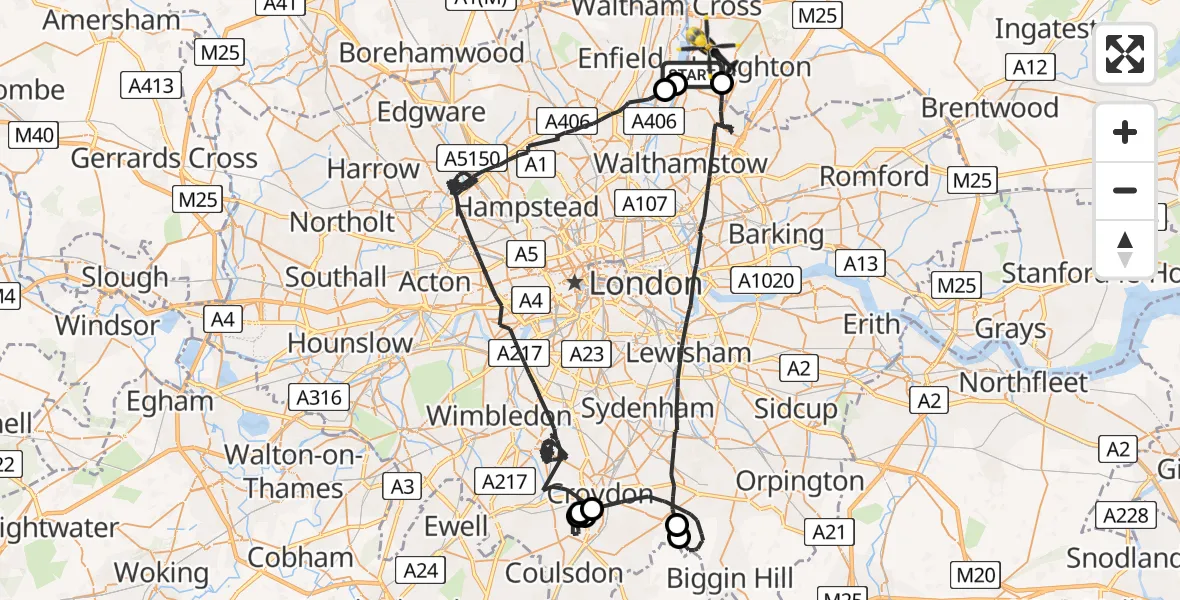 Flight path map showing Police Helicopter route from Greater London to Sewardstonebury
