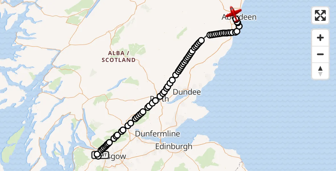Flight path map showing Air Ambulance Aircraft route from Glasgow Airport to Aberdeen City