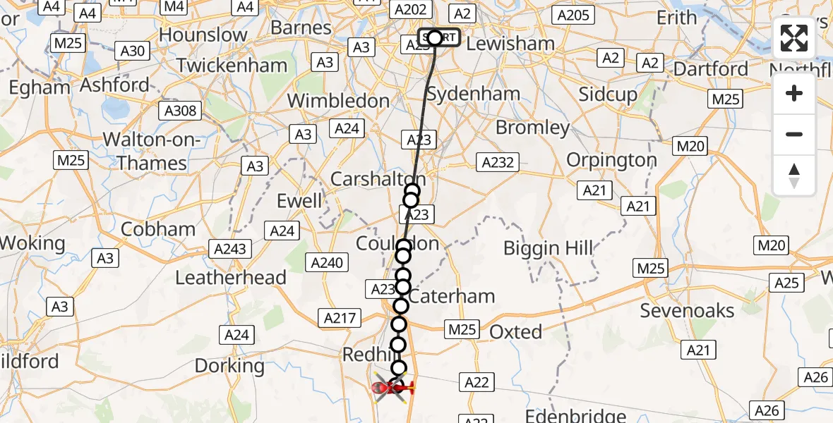 Flight path map showing Air Ambulance Helicopter route from Kings College London Hospital to Redhill Aerodrome