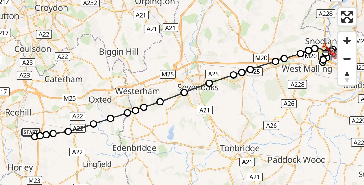 Flight path map showing Air Ambulance Helicopter route from Redhill Aerodrome to Ham Hill