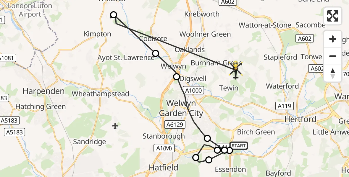 Flight path map showing Police Helicopter route from Letty Green to Tewin