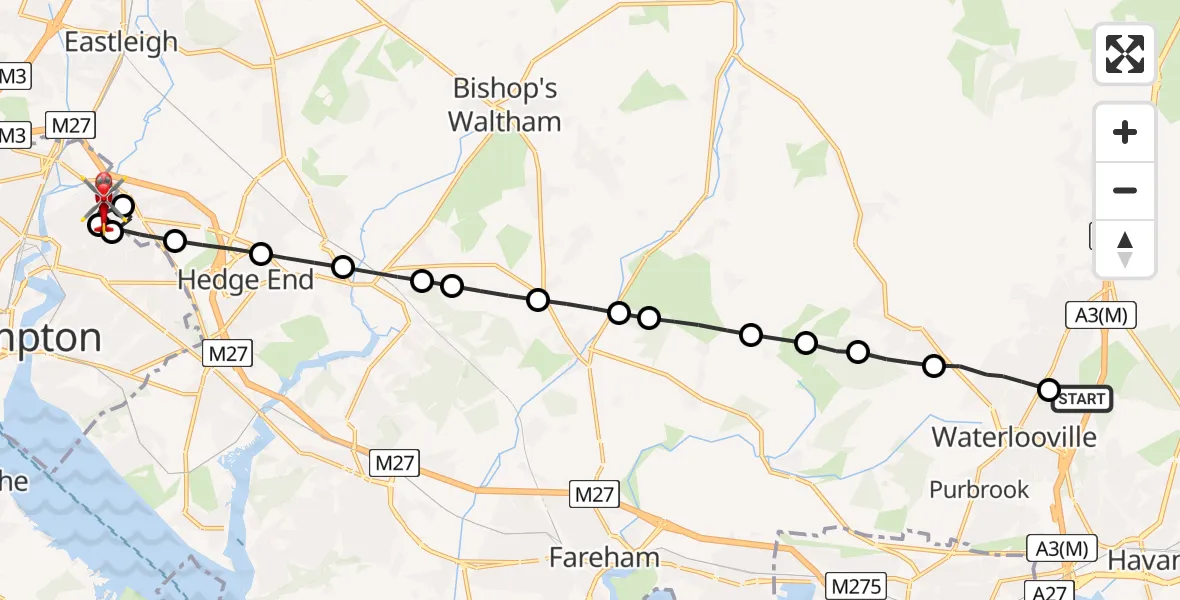 Flight path map showing Air Ambulance Helicopter route from Waterlooville to Southampton