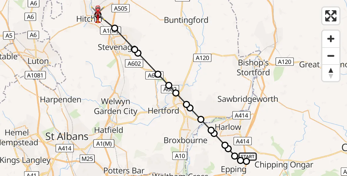 Flight path map showing Air Ambulance Helicopter route from North Weald Airfield to Great Wymondley