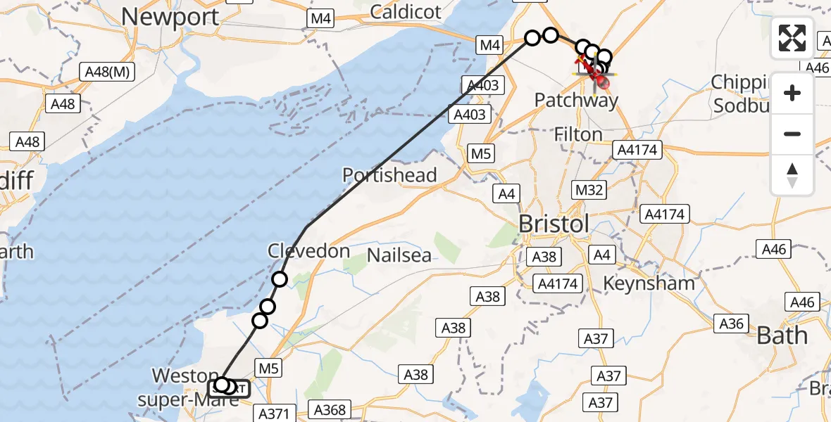 Flight path map showing Air Ambulance Helicopter route from Worle to Almondsbury Helicopter Base
