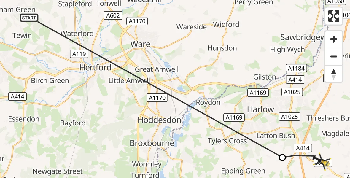 Flight path map showing Police Helicopter route from Tewin to North Weald Bassett