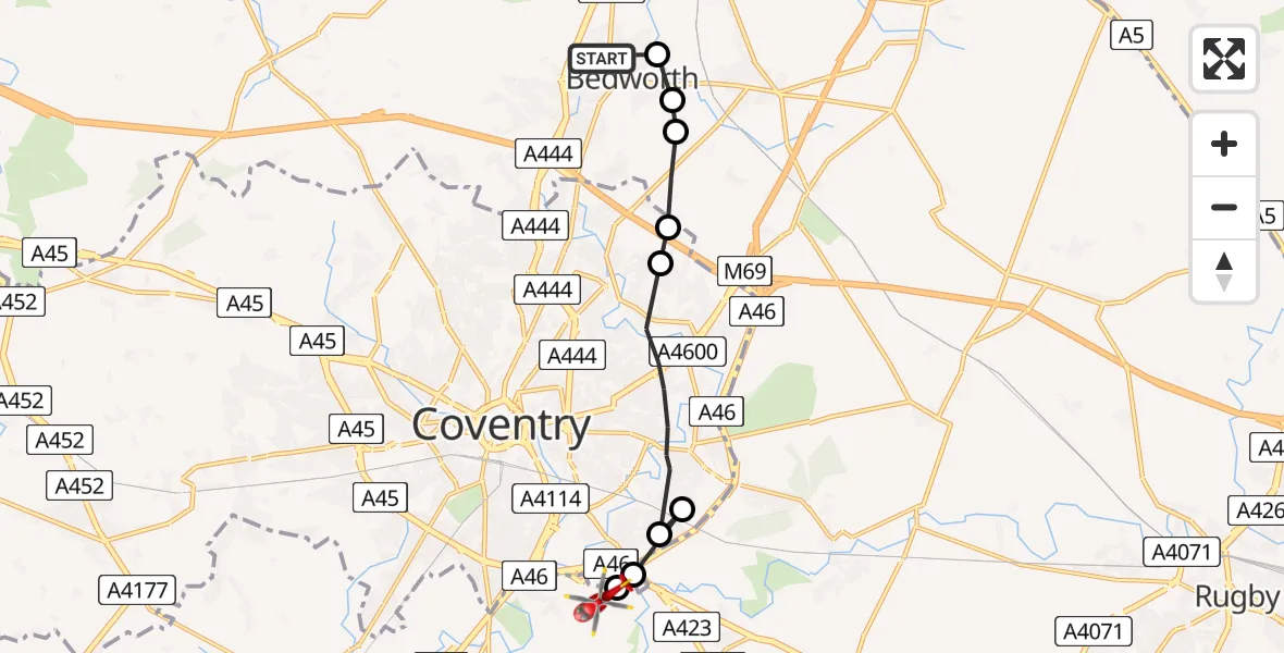 Flight path map showing Air Ambulance Helicopter route from Bedworth to Coventry Airport