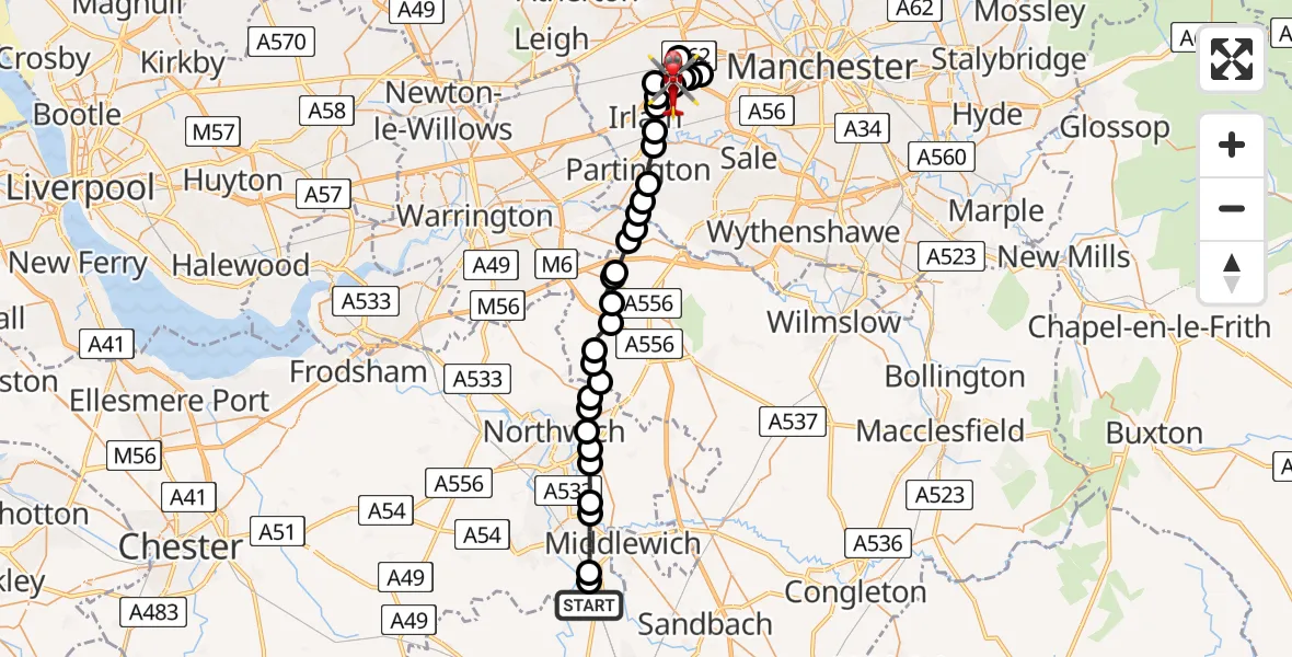 Flight path map showing Air Ambulance Helicopter route from Verdin Arms to Irlam