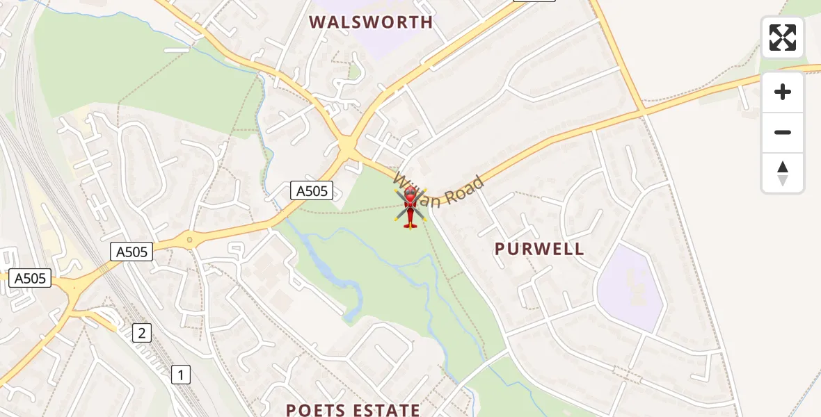 Flight path map showing Air Ambulance Helicopter route from Hitchin to Hitchin