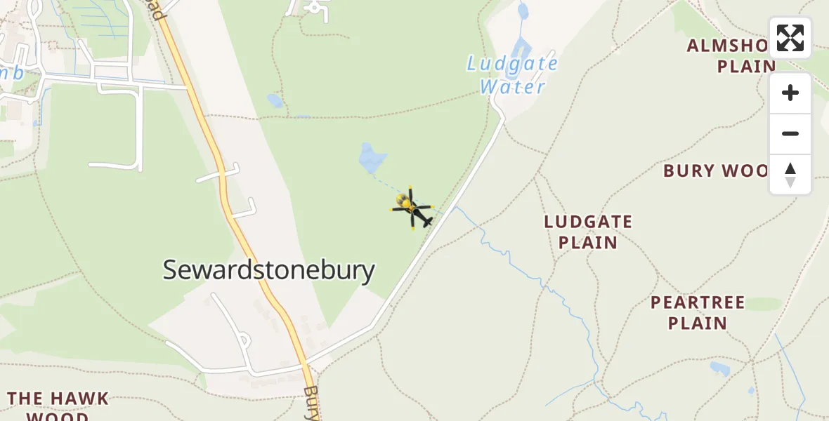 Flight path map showing Police Helicopter route from Sewardstonebury to Sewardstonebury