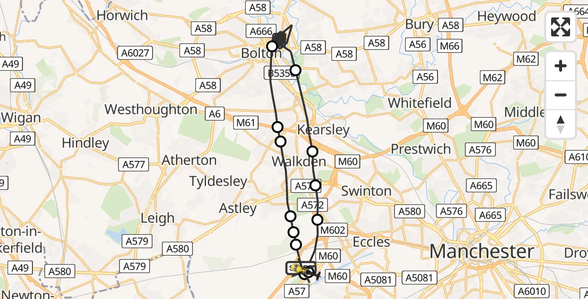 Flight path map showing Police Helicopter route from Manchester Barton Aerodrome to Manchester Barton Aerodrome